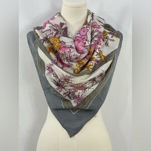 Cordier Vintage 100%  Silk Scarf Gray Pink Floral 34x34.5
